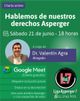 Imagen promocional de la charla virtual para Adultos Asperger, online via Meet. Incluye los datos del evento aquí descriptos.