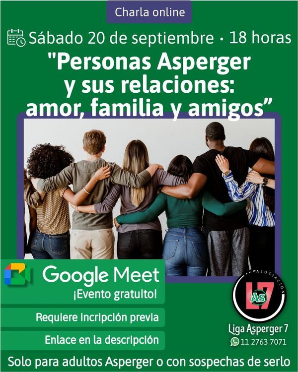 Imagen promocional de la charla online para Adultos Asperger, online via Google Meet. Se incluye logos, fecha y horario del evento.