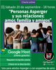 Imagen promocional de la charla online para Adultos Asperger, online via Google Meet. Se incluye logos, fecha y horario del evento.