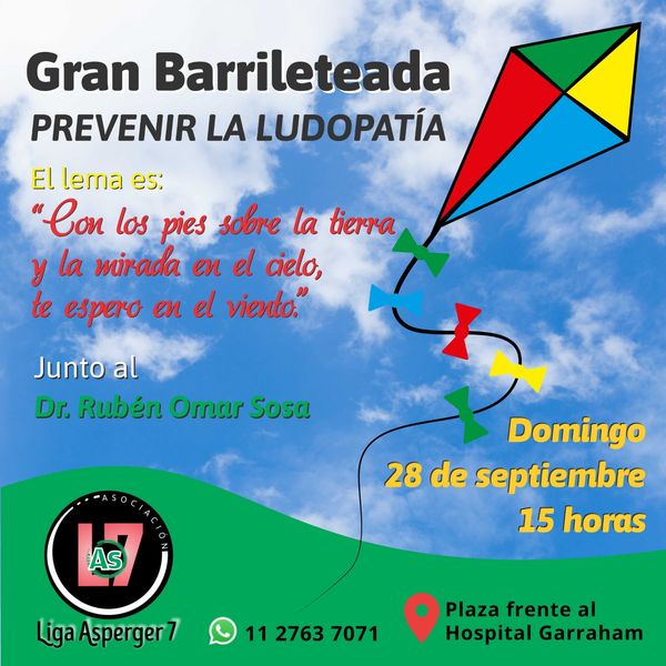 Imagen promocional del evento Barrileteada 2025 para prevenir la ludopatía. El lema es "Con los pies sobre la tierra y la mirada en el cielo, te espero en el viento"