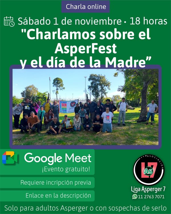 Imagen promocional de la charla online para Adultos Asperger, online via Google Meet. Se incluye logos, fecha y horario del evento.