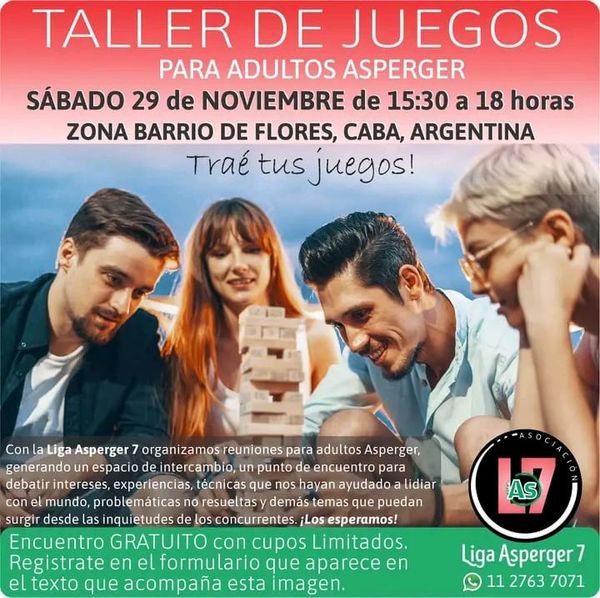 Imagen promocional del 12° taller de juegos de Adultos Asperger. Se ven varias personas jugando al jenga, datos del evento, logo de la Liga Asperger 7.