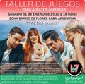 Imagen promocional del 13° taller de juegos de Adultos Asperger. Se ven varias personas jugando al jenga, datos del evento, logo de la Liga Asperger 7.