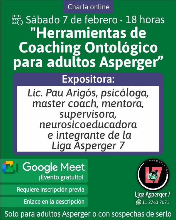 Imagen promocional de la charla virtual para Adultos Asperger, online via Meet. Incluye los datos del evento aquí descriptos.