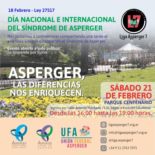 ' Imagen promocional de la conmemoración por el día del Asperger. Se lee el lema: "Asperger, las diferencias nos enriquecen". Será en Parque Centenario el 21 de Febrero a las 16hs. '