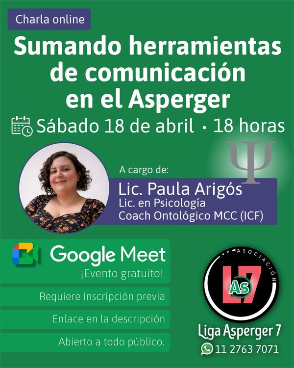 Imagen promocional de la charla virtual para Adultos Asperger, online via Meet. Incluye los datos del evento aquí descriptos.