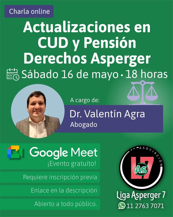 Imagen promocional de la charla virtual para Adultos Asperger, online via Meet. Incluye los datos del evento aquí descriptos.