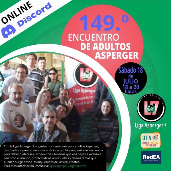 Imagen promocional de la charla online para Adultos Asperger, online via Discord. Se incluye logos, fecha y horario del evento.
