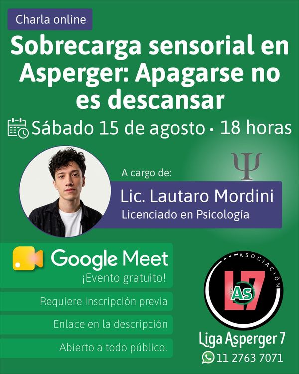 Imagen promocional de la charla virtual para Adultos Asperger, online via Meet. Incluye los datos del evento aquí descriptos.