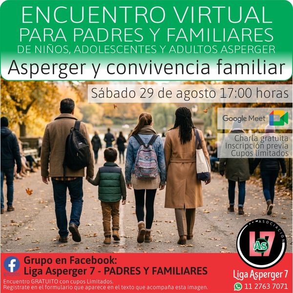 Imagen promocional del encuentro virtual para familiares de Asperger, online via Meet. Incluye los datos del evento aquí descriptos.