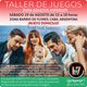 Imagen promocional del 13° taller de juegos de Adultos Asperger. Se ven varias personas jugando al jenga, datos del evento, logo de la Liga Asperger 7.