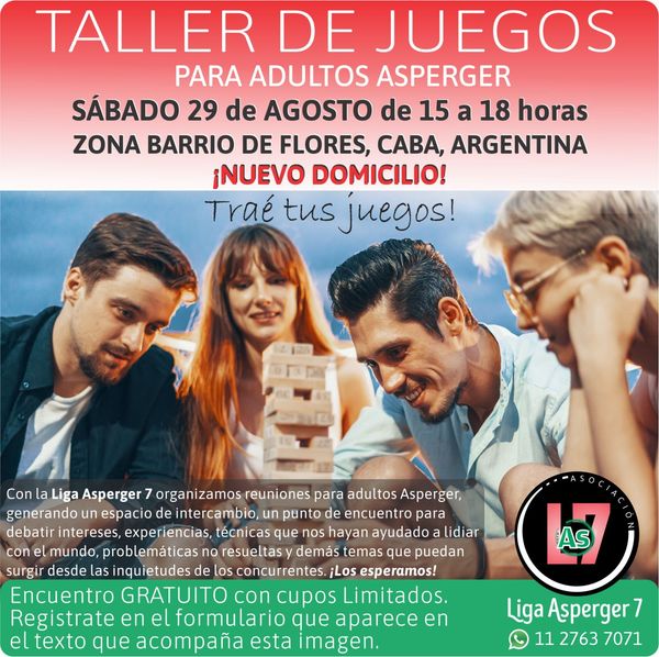 Imagen promocional del 13° taller de juegos de Adultos Asperger. Se ven varias personas jugando al jenga, datos del evento, logo de la Liga Asperger 7.