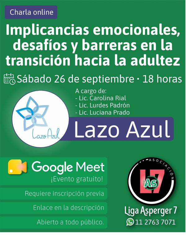 Imagen promocional de la charla virtual para Adultos Asperger, online via Meet. Incluye los datos del evento aquí descriptos.