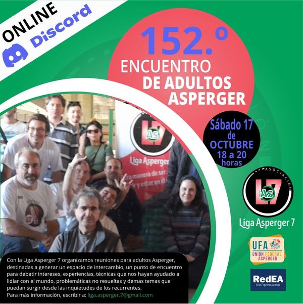 Imagen promocional de la charla online para Adultos Asperger, online via Discord. Se incluye logos, fecha y horario del evento.