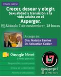 Imagen promocional de la charla virtual para Adultos Asperger, online via Meet. Incluye los datos del evento aquí descriptos.