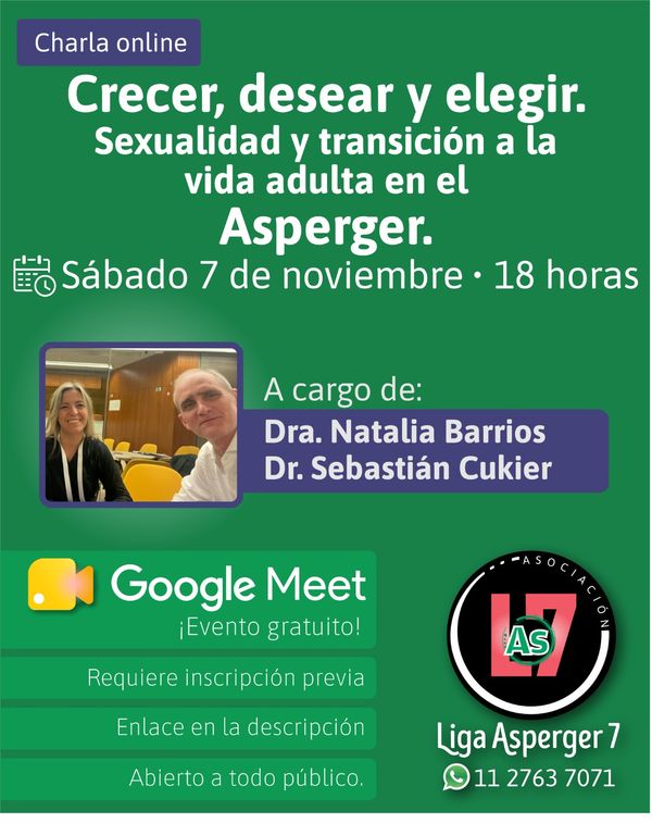 Imagen promocional de la charla virtual para Adultos Asperger, online via Meet. Incluye los datos del evento aquí descriptos.